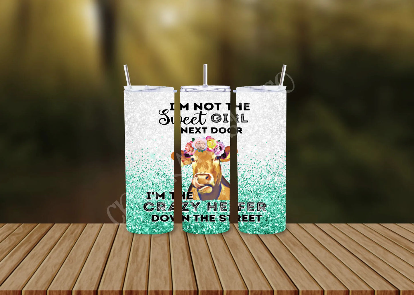 CUSTOMIZABLE CRAZY HEIFER DOWN THE STREET HOT AND COLD TUMBLERS - Crazy Kat Design Co