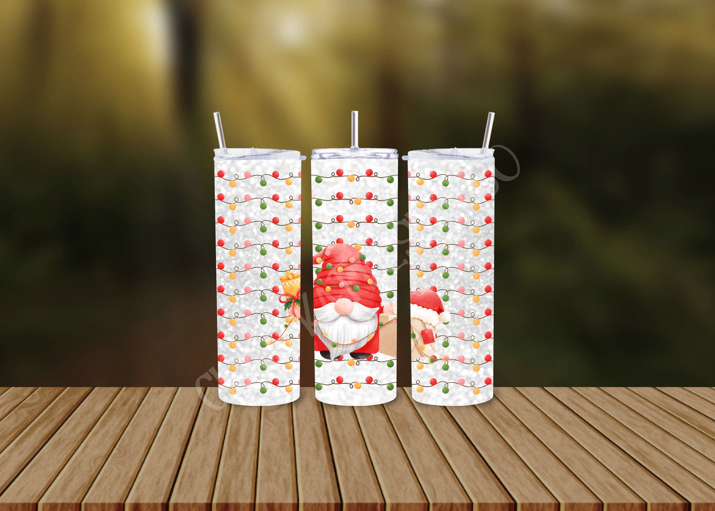 CUSTOMIZABLE GNOME CHRISTMAS LIGHTS HOT AND COLD TUMBLERS - Crazy Kat Design Co