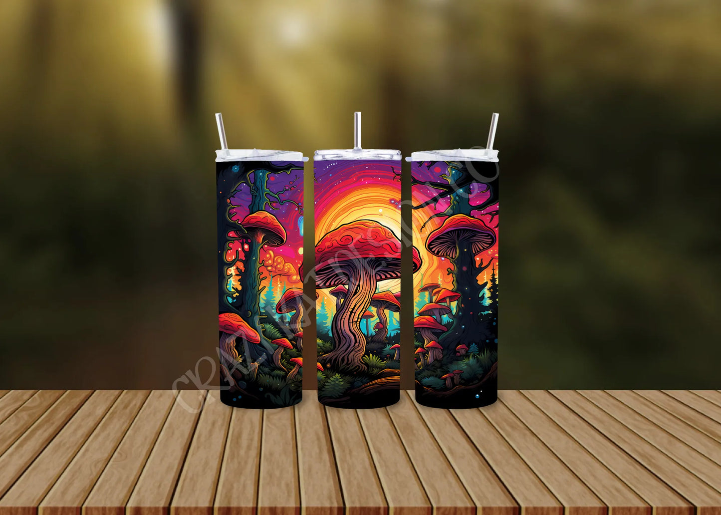 CUSTOMIZABLE MUSHROOM FORREST SUNSET HOT AND COLD TUMBLERS - Crazy Kat Design Co