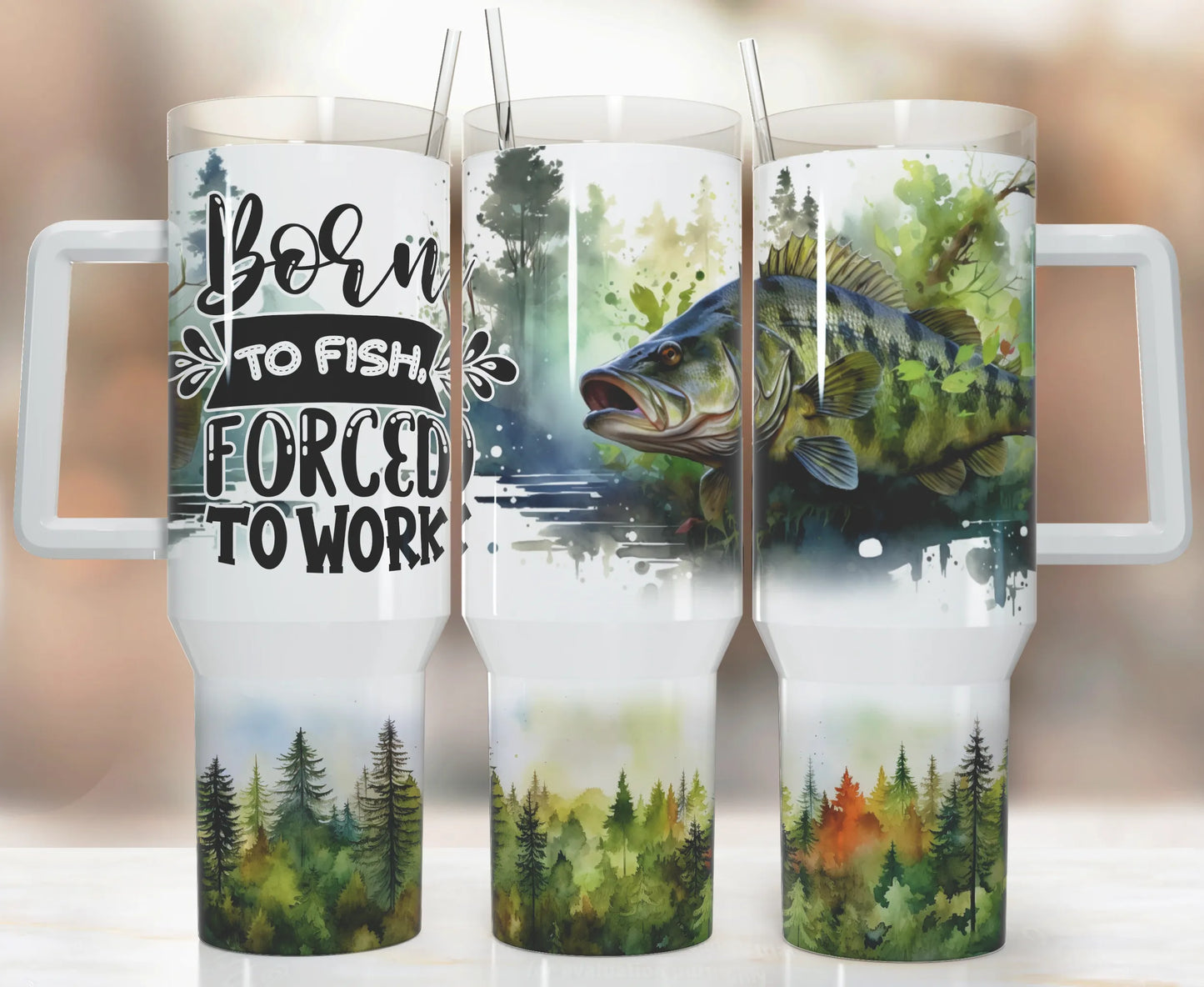 BORN TO FISH FORCED TO WORK 40 OZ TUMBLER WITH HANDLE 1.0 - Crazy Kat Design Co