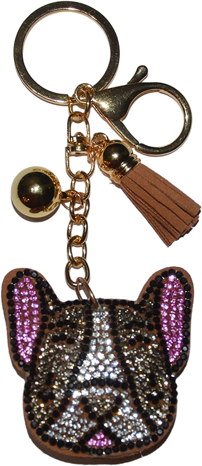 Crazy Kat Design Co Frenchie Head French Bulldog Rhinestone Keychain for Women, Bling Purse Charms for Handbags