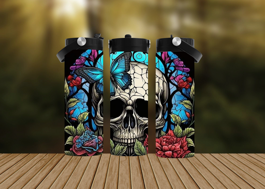 CUSTOMIZABLE STAIN GLASS WINDOW SKULL WITH A BUTTERFLY HOT AND COLD TUMBLERS