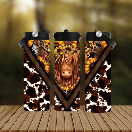 CUSTOMIZABLE HIGHLAND COW AND SUNFLOWERS HOT AND COLD TUMBLER