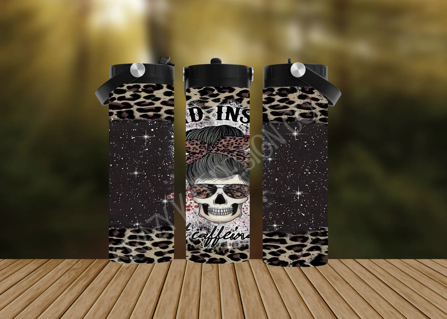 CUSTOMIZABLE DEAD INSIDE BUT CAFFEINATED SKULL MESSY BUN HOT AND COLD TUMBLERS - Crazy Kat Design Co