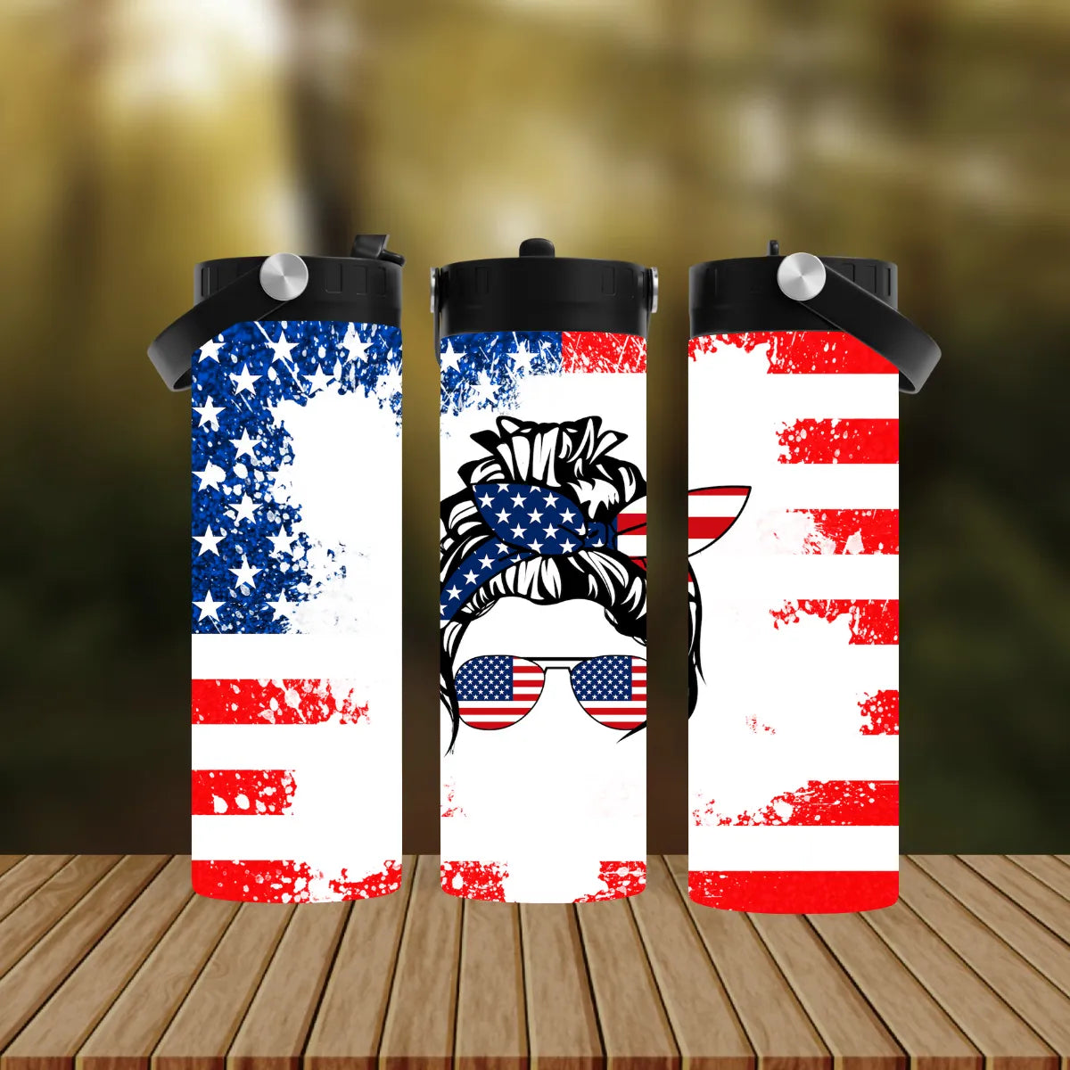 CUSTOMIZABLE MESSY BUN AMERICAN FLAG HOT AND COLD TUMBLER - Crazy Kat Design Co