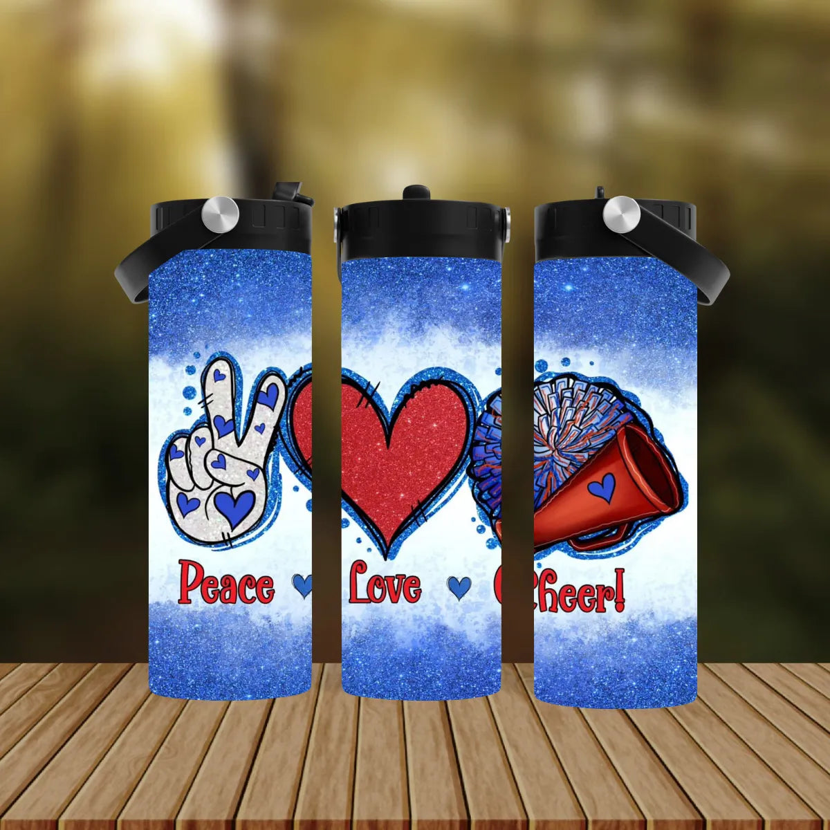 CUSTOMIZABLE PEACE LOVE AND CHEER HOT AND COLD TUMBLER - Crazy Kat Design Co