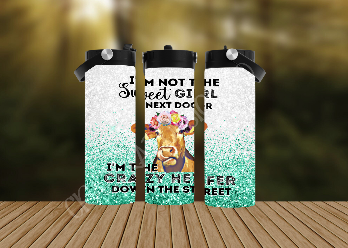 CUSTOMIZABLE CRAZY HEIFER DOWN THE STREET HOT AND COLD TUMBLERS
