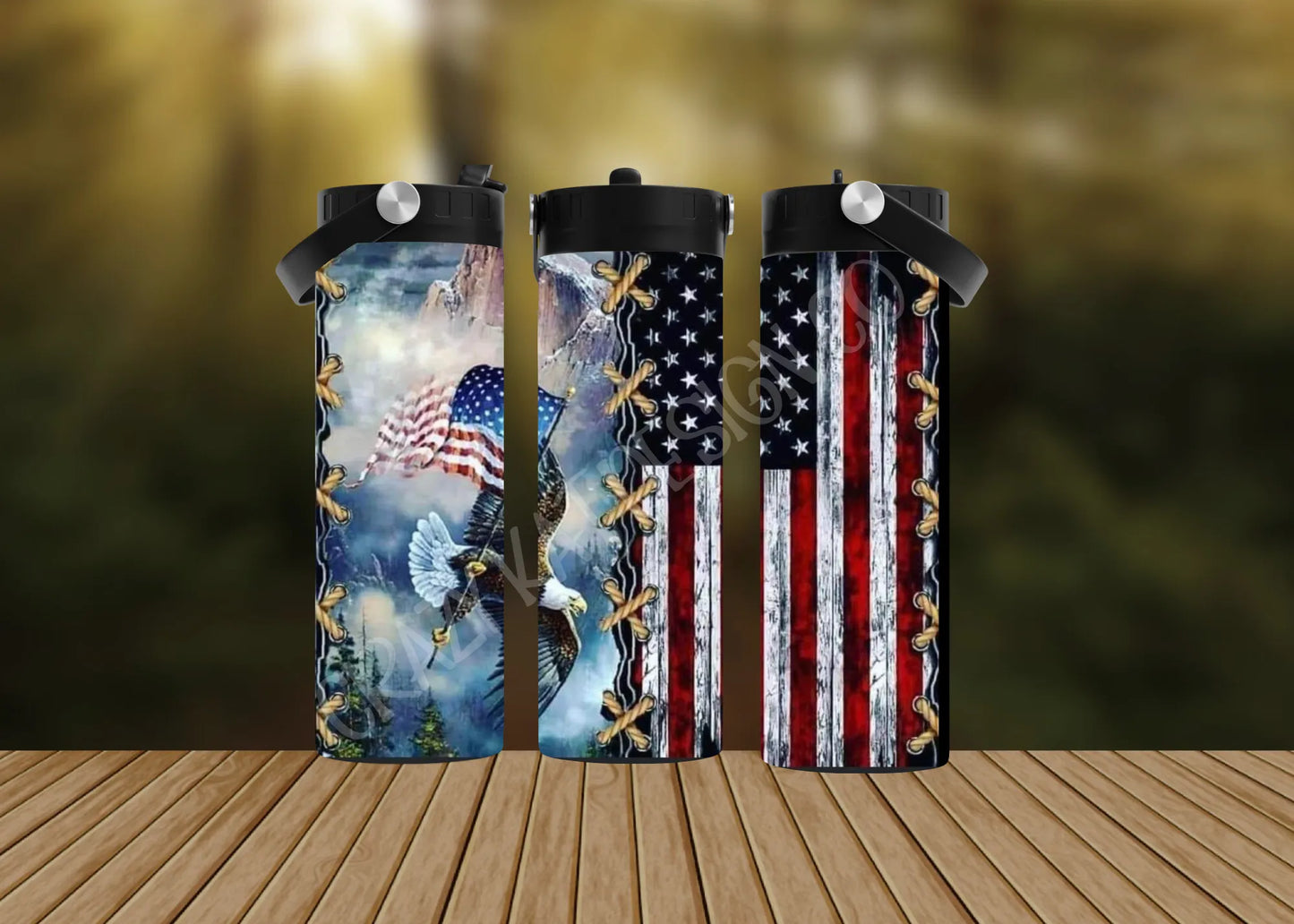 CUSTOMIZABLE EAGLE SOARING WITH AN AMERICAN FLAG HOT AND COLD TUMBLERS - Crazy Kat Design Co