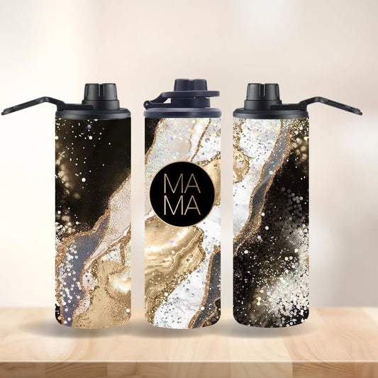 CUSTOMIZABLE MAMA BLACK AND GOLD AGATE HOT AND COLD TUMBLER - Crazy Kat Design Co