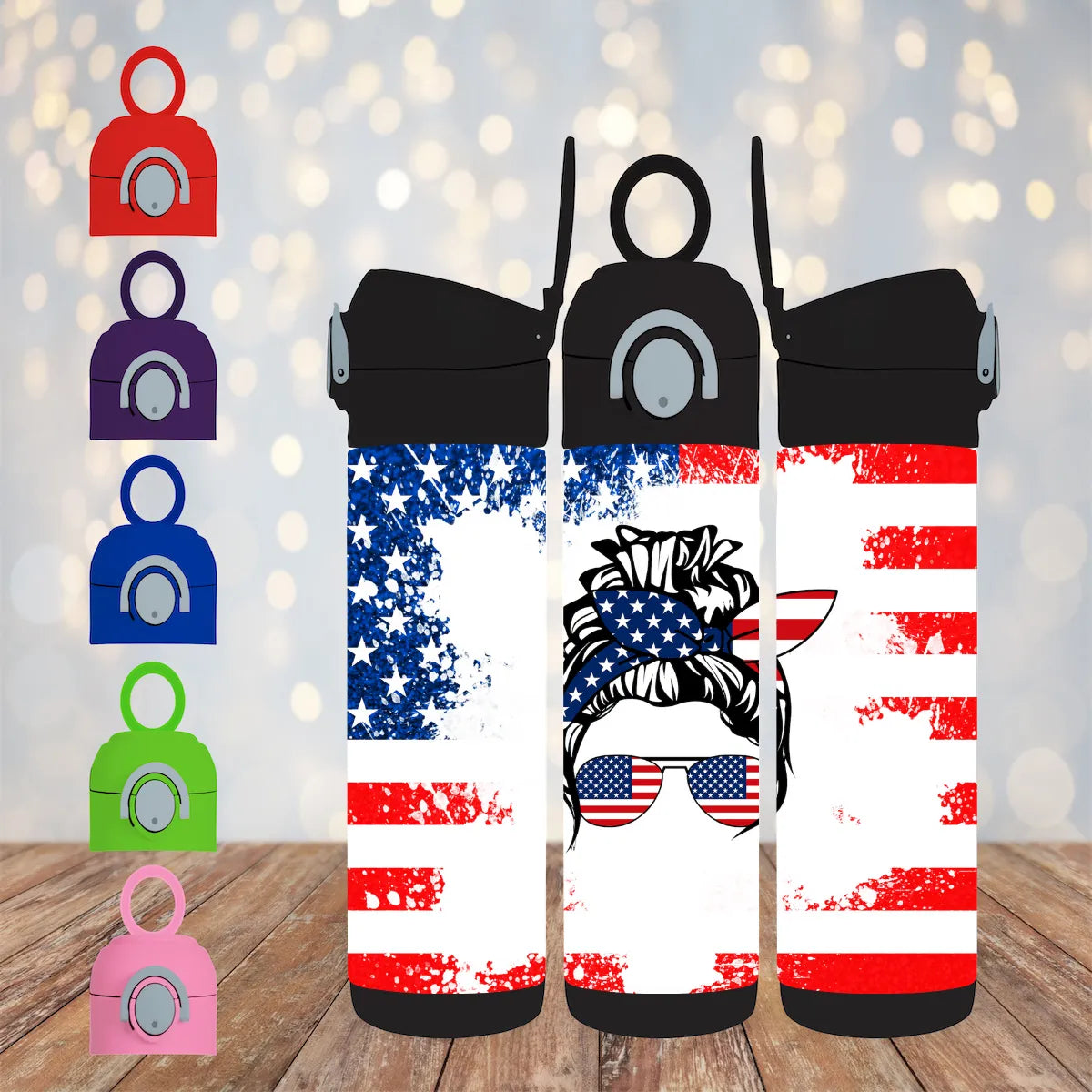 CUSTOMIZABLE MESSY BUN AMERICAN FLAG HOT AND COLD TUMBLER - Crazy Kat Design Co