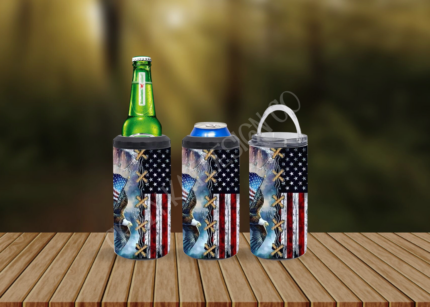 CUSTOMIZABLE EAGLE SOARING WITH AN AMERICAN FLAG HOT AND COLD TUMBLERS