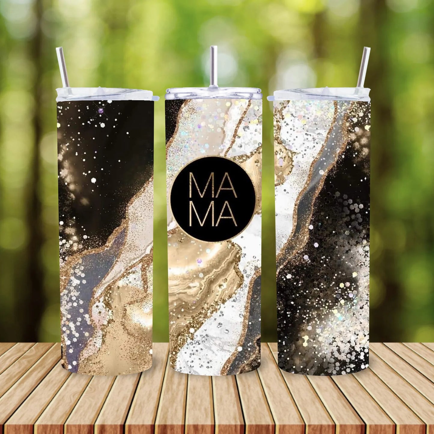 CUSTOMIZABLE MAMA BLACK AND GOLD AGATE HOT AND COLD TUMBLER - Crazy Kat Design Co