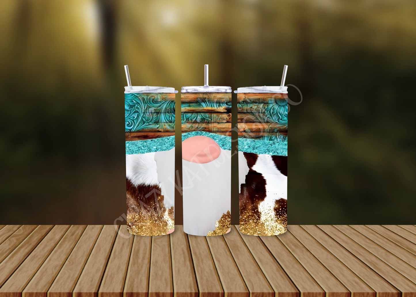 CUSTOMIZABLE GNOME COW PRINT AND TEAL HOT AND COLD TUMBLERS