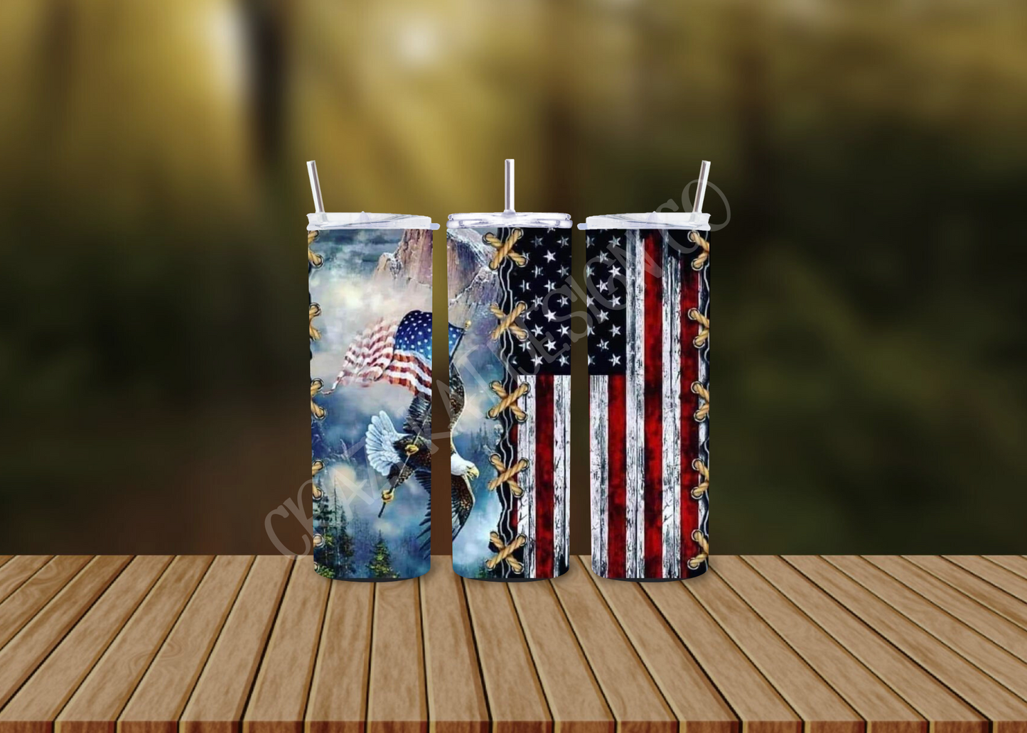 CUSTOMIZABLE EAGLE SOARING WITH AN AMERICAN FLAG HOT AND COLD TUMBLERS