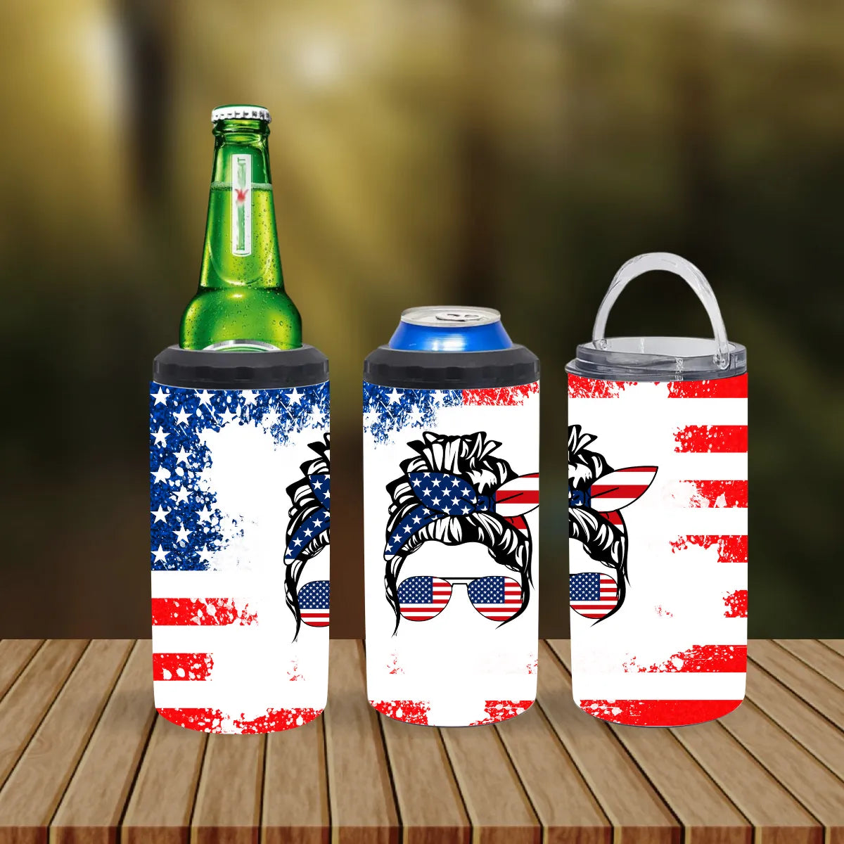 CUSTOMIZABLE MESSY BUN AMERICAN FLAG HOT AND COLD TUMBLER - Crazy Kat Design Co