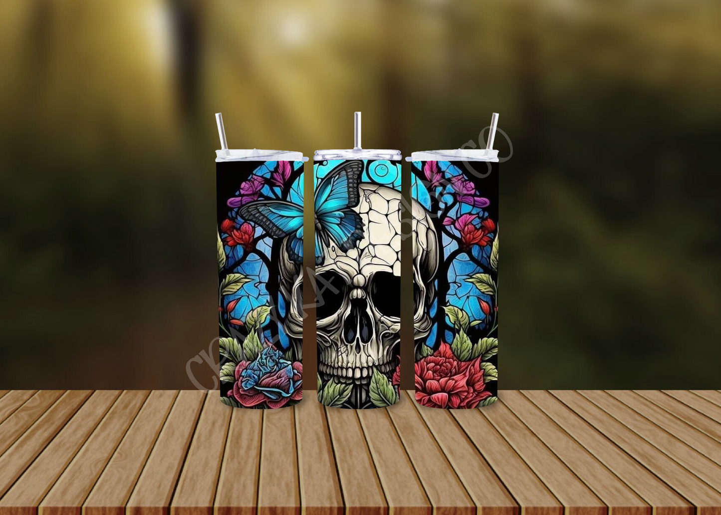 CUSTOMIZABLE STAIN GLASS WINDOW SKULL WITH A BUTTERFLY HOT AND COLD TUMBLERS