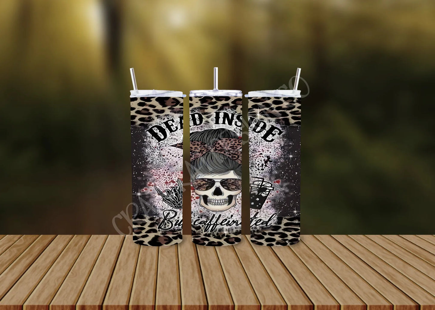 CUSTOMIZABLE DEAD INSIDE BUT CAFFEINATED SKULL MESSY BUN HOT AND COLD TUMBLERS - Crazy Kat Design Co