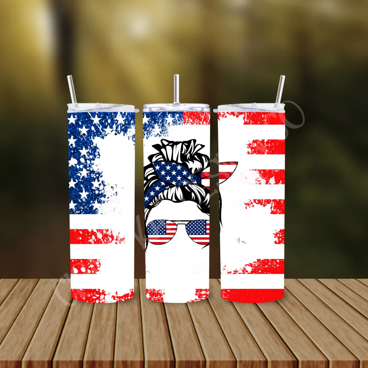 CUSTOMIZABLE MESSY BUN AMERICAN FLAG HOT AND COLD TUMBLER - Crazy Kat Design Co