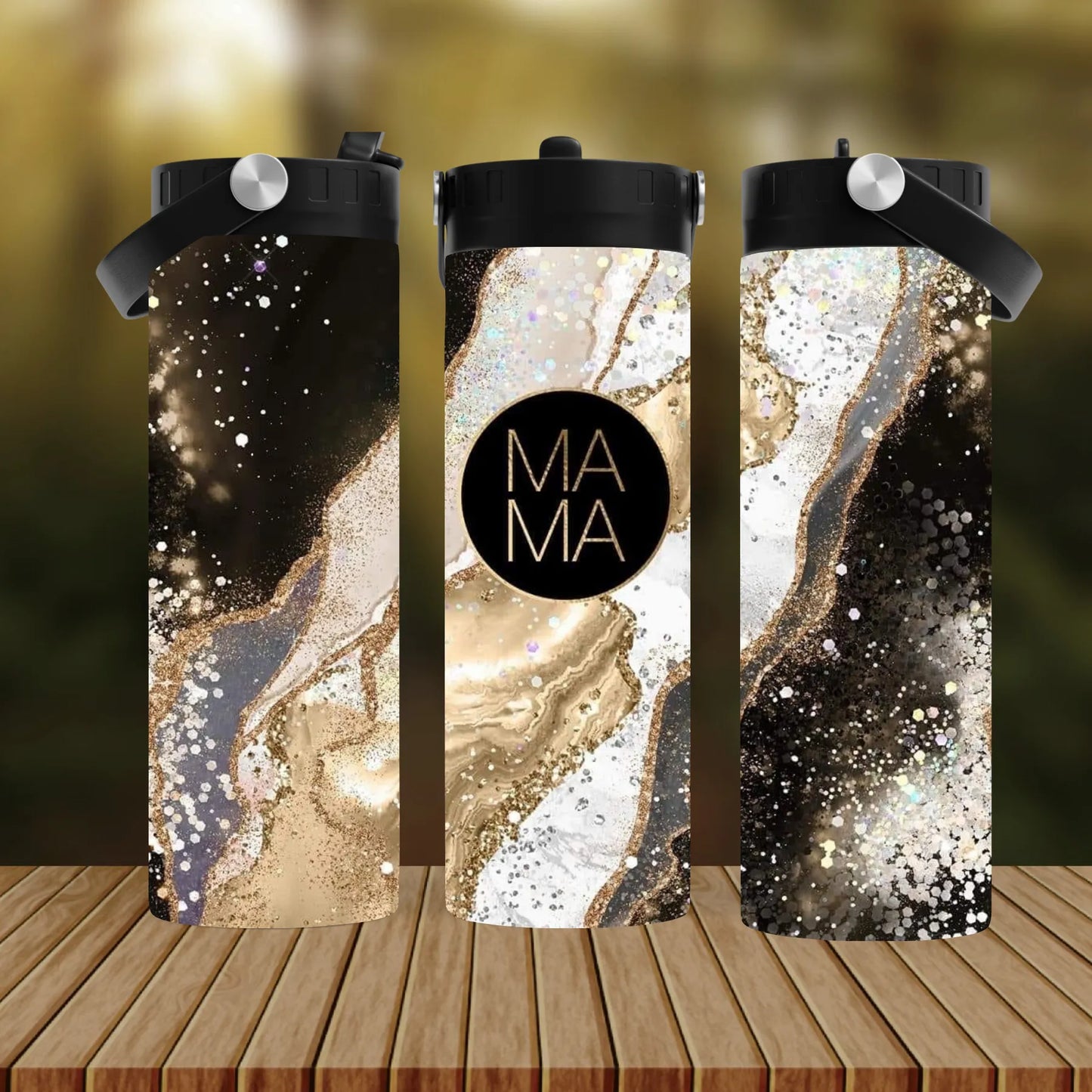 CUSTOMIZABLE MAMA BLACK AND GOLD AGATE HOT AND COLD TUMBLER - Crazy Kat Design Co