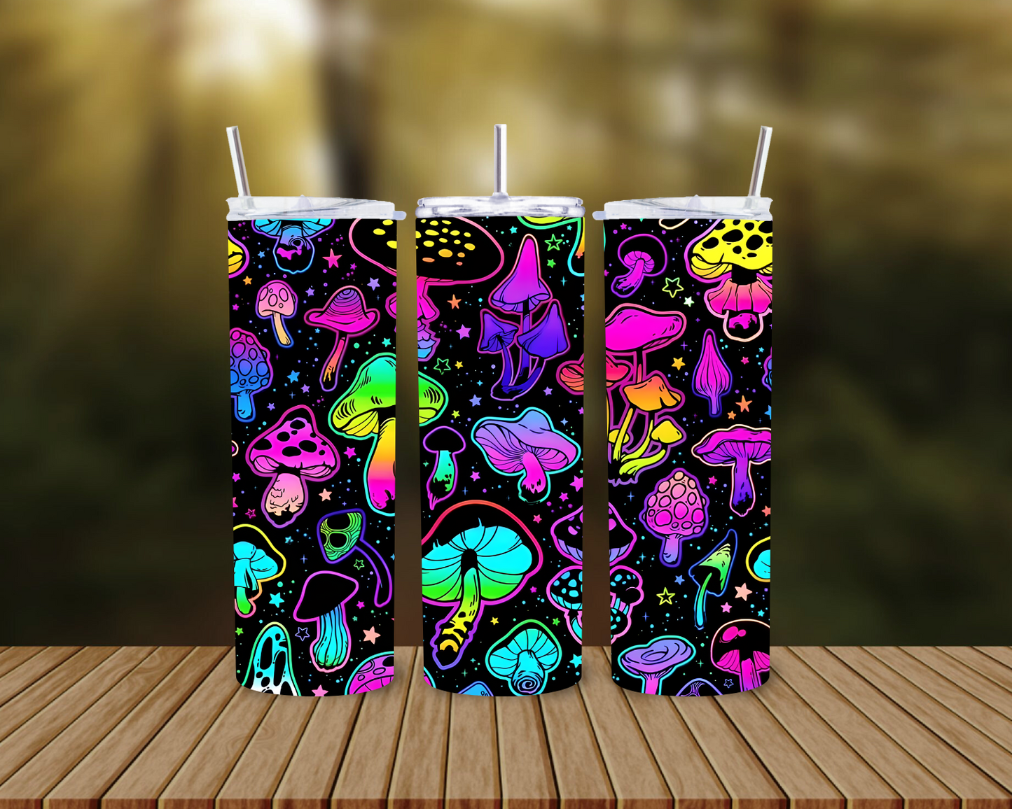 CUSTOMIZABLE BRIGHT NEON MUSHROOMS HOT AND COLD TUMBLERS