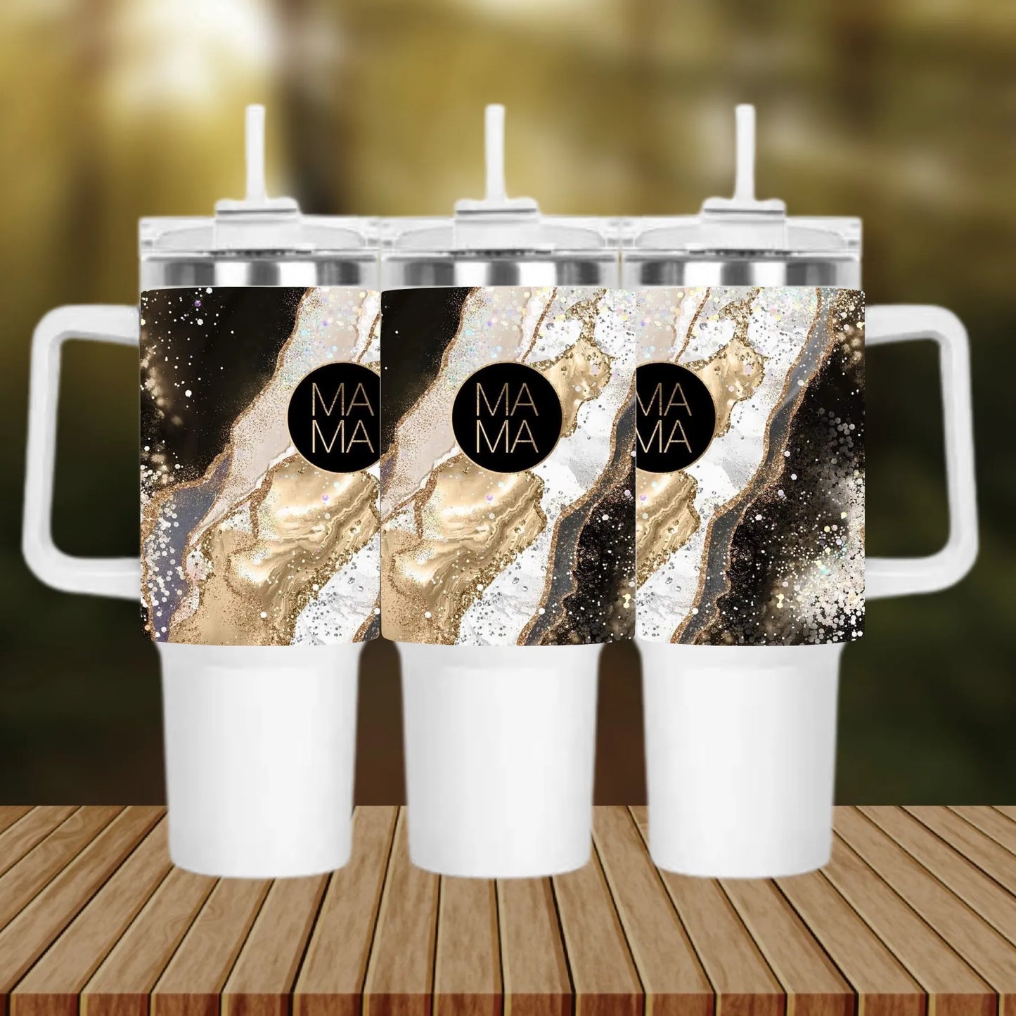 CUSTOMIZABLE MAMA BLACK AND GOLD AGATE HOT AND COLD TUMBLER - Crazy Kat Design Co