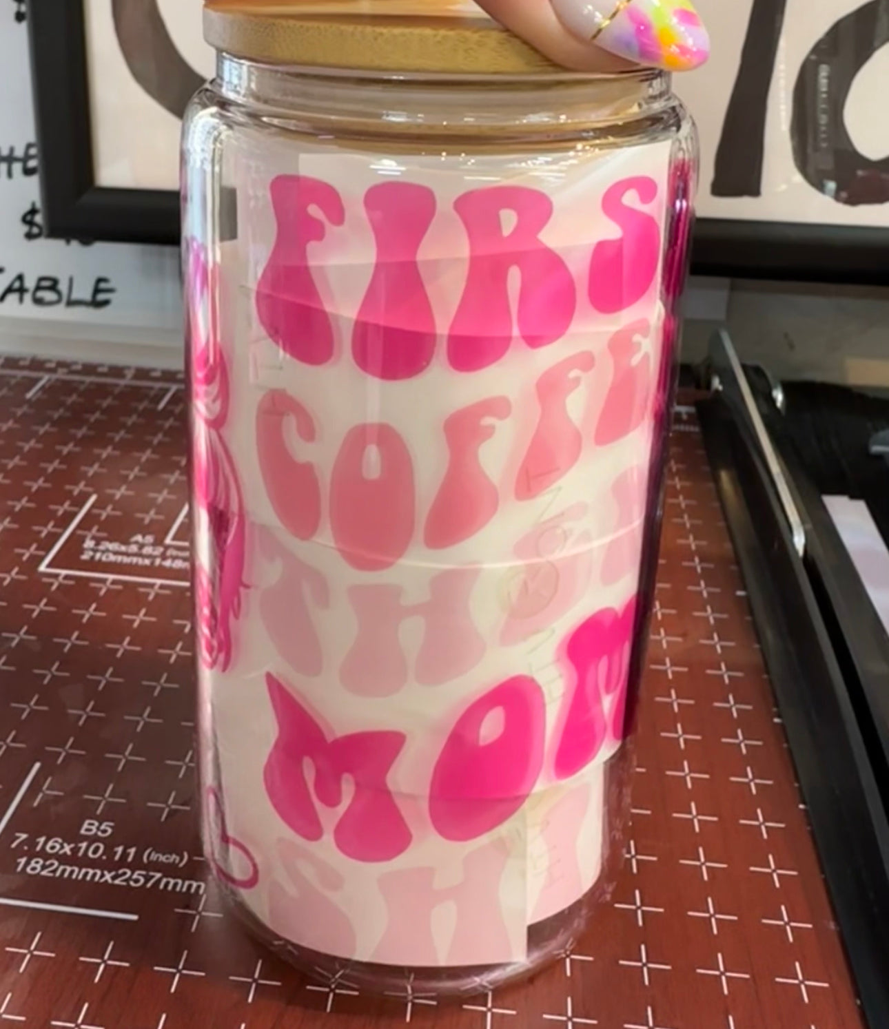 First coffee than Mom Sh*t glass tumbler with bamboo lid