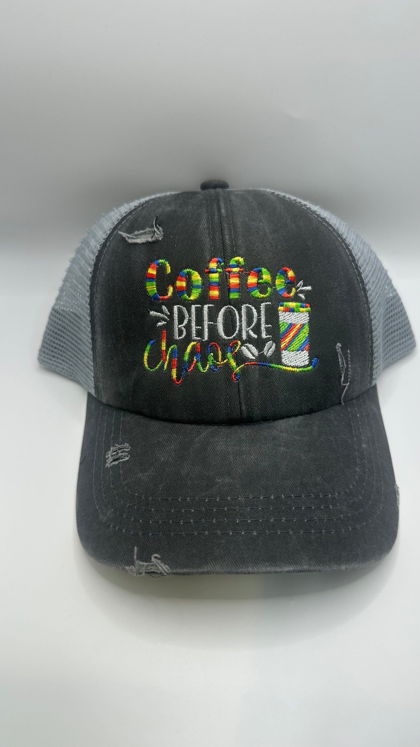 Coffee Before Chaos Embroidered Pony Tail Hat