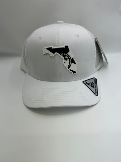 Florida State Flag Black and White PVC Patch Kamel 815 Snapback Mesh Trucker Cap Slight Curve Hat Structured Mesh Back Adjustable Baseball Cap