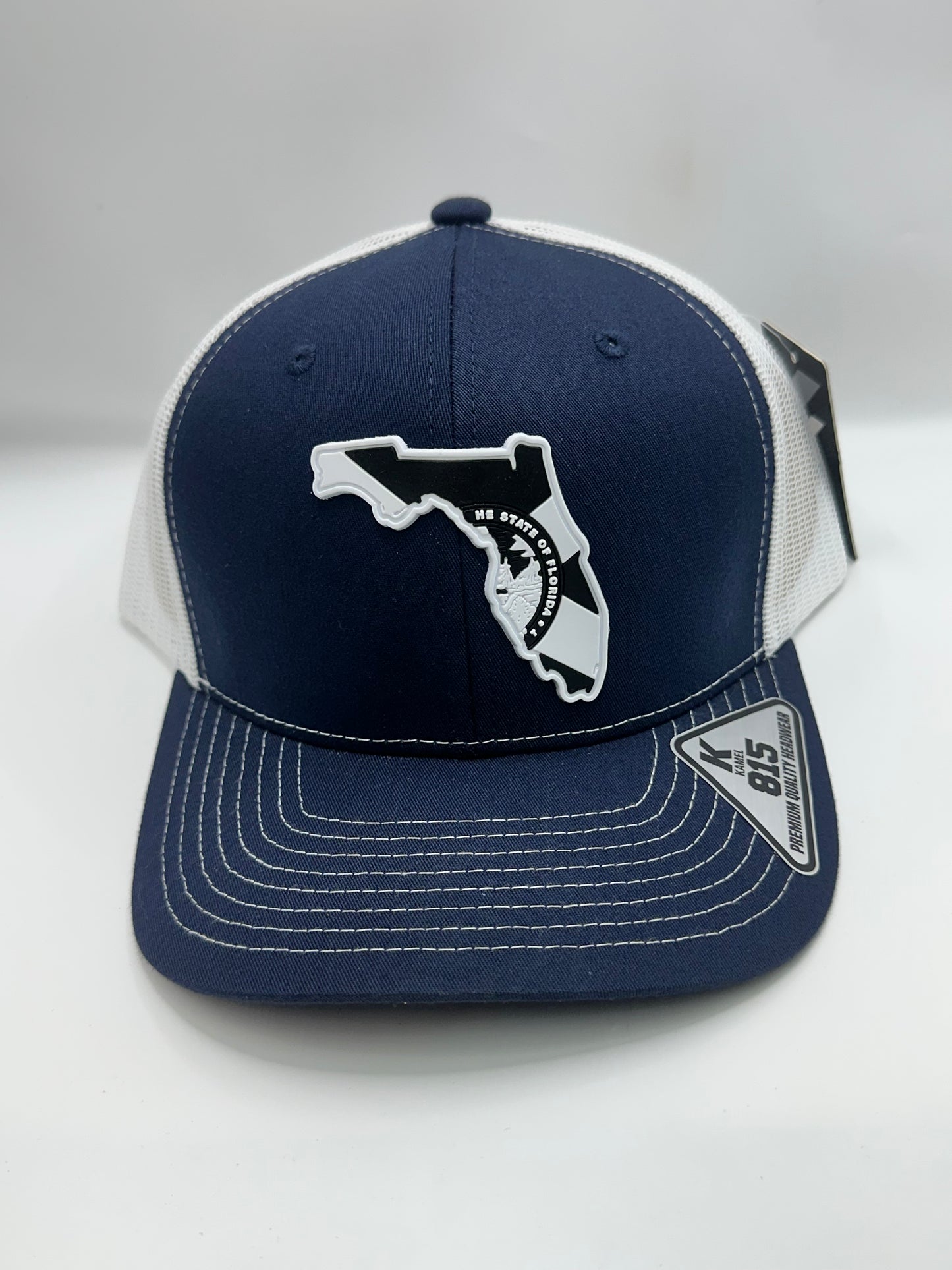 Florida State Flag Black and White PVC Patch Kamel 815 Snapback Mesh Trucker Cap Slight Curve Hat Structured Mesh Back Adjustable Baseball Cap