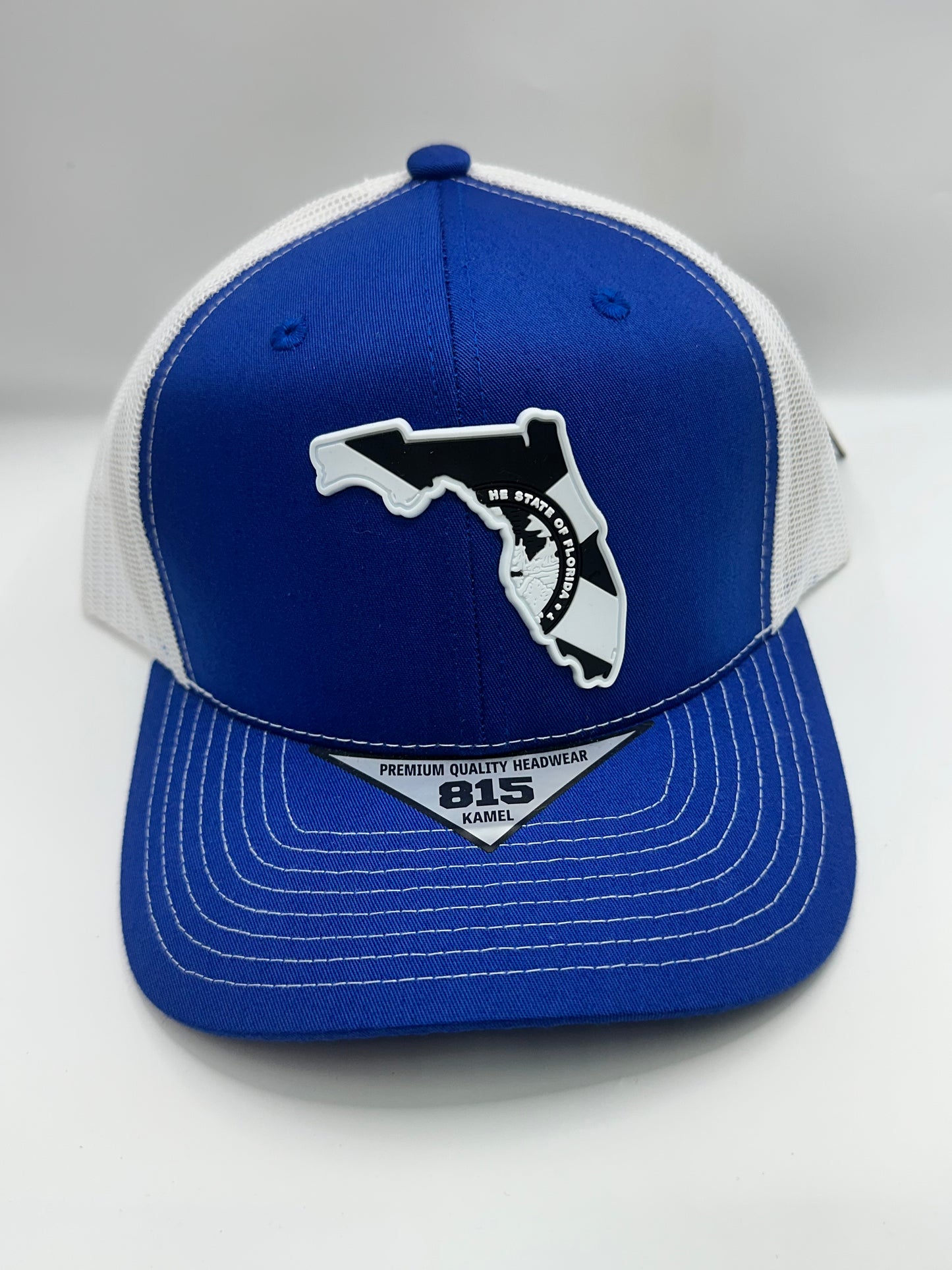 Florida State Flag Black and White PVC Patch Kamel 815 Snapback Mesh Trucker Cap Slight Curve Hat Structured Mesh Back Adjustable Baseball Cap
