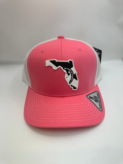 Florida State Flag Black and White PVC Patch Kamel 815 Snapback Mesh Trucker Cap Slight Curve Hat Structured Mesh Back Adjustable Baseball Cap
