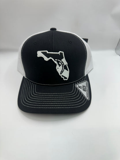 Florida State Flag Black and White PVC Patch Kamel 815 Snapback Mesh Trucker Cap Slight Curve Hat Structured Mesh Back Adjustable Baseball Cap