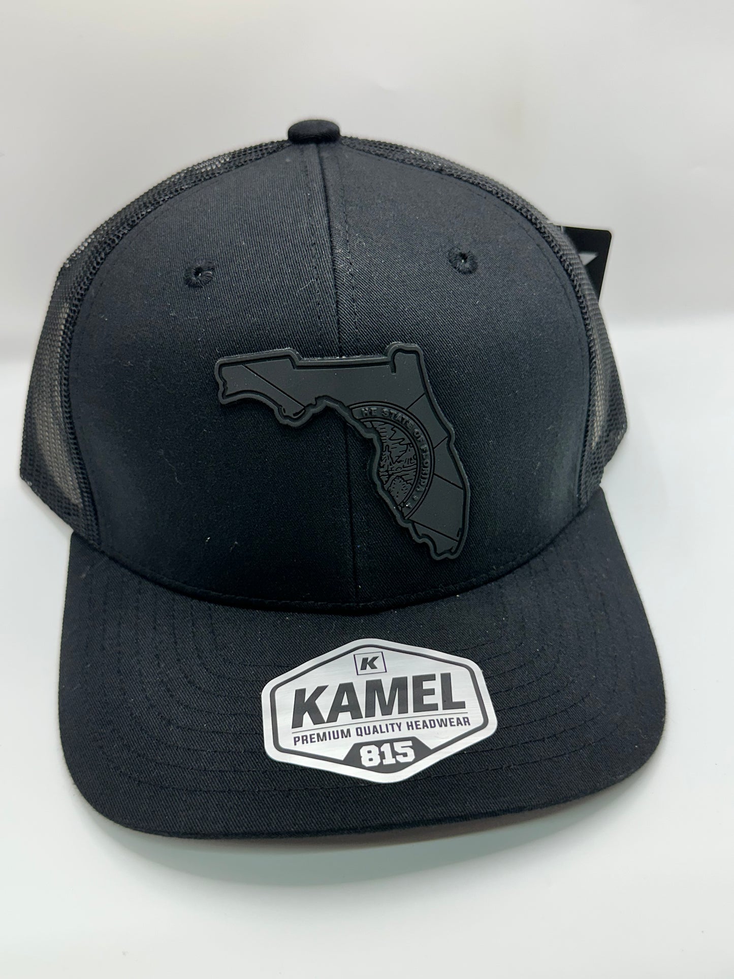 Florida State Flag Black PVC Patch Kamel 815 Snapback Mesh Trucker Cap Slight Curve Hat Structured Mesh Back Adjustable Baseball Hat
