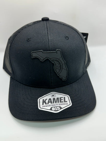 Florida State Flag Black PVC Patch Kamel 815 Snapback Mesh Trucker Cap Slight Curve Hat Structured Mesh Back Adjustable Baseball Hat