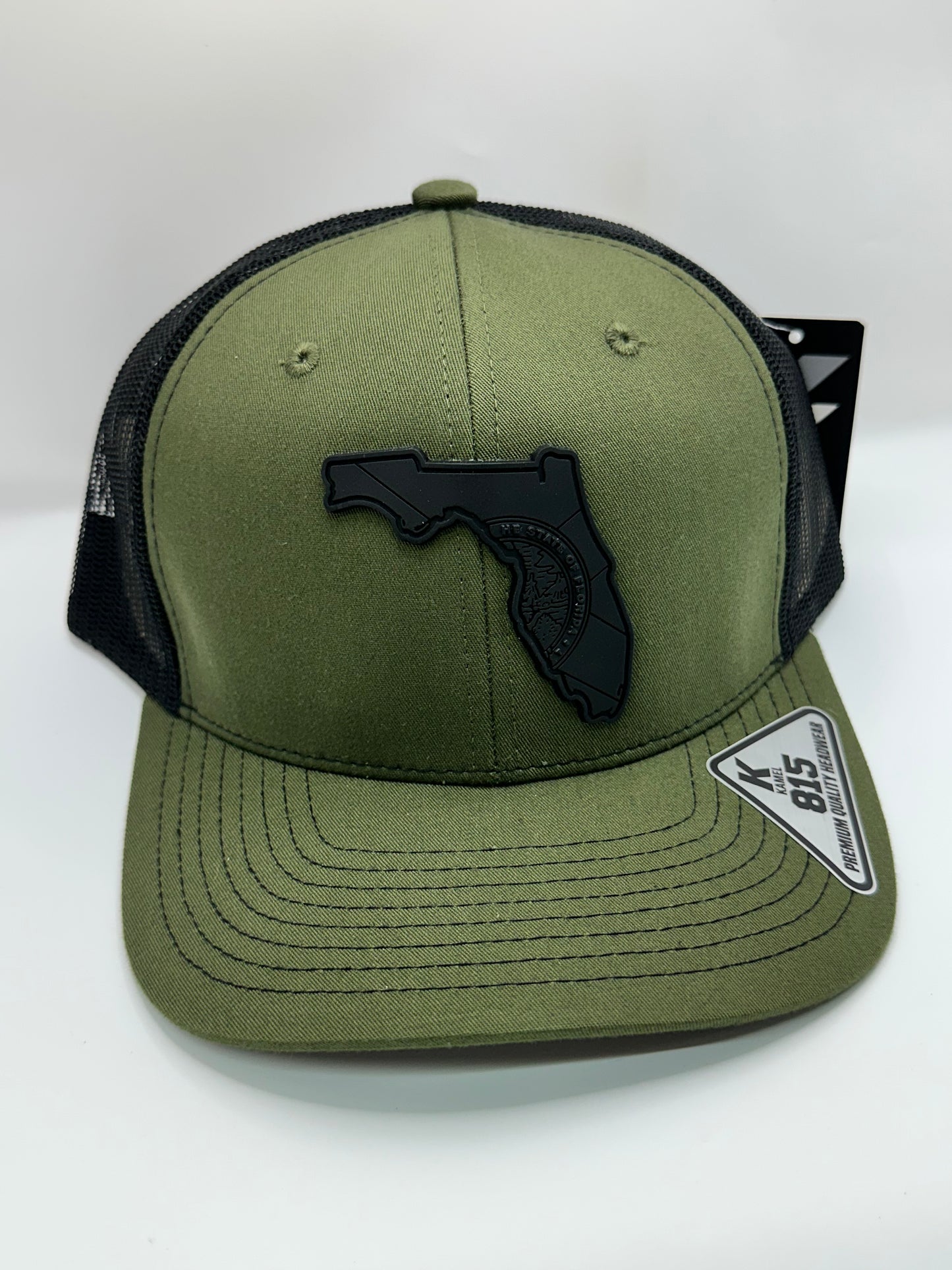 Florida State Flag Black PVC Patch Kamel 815 Snapback Mesh Trucker Cap Slight Curve Hat Structured Mesh Back Adjustable Baseball Hat
