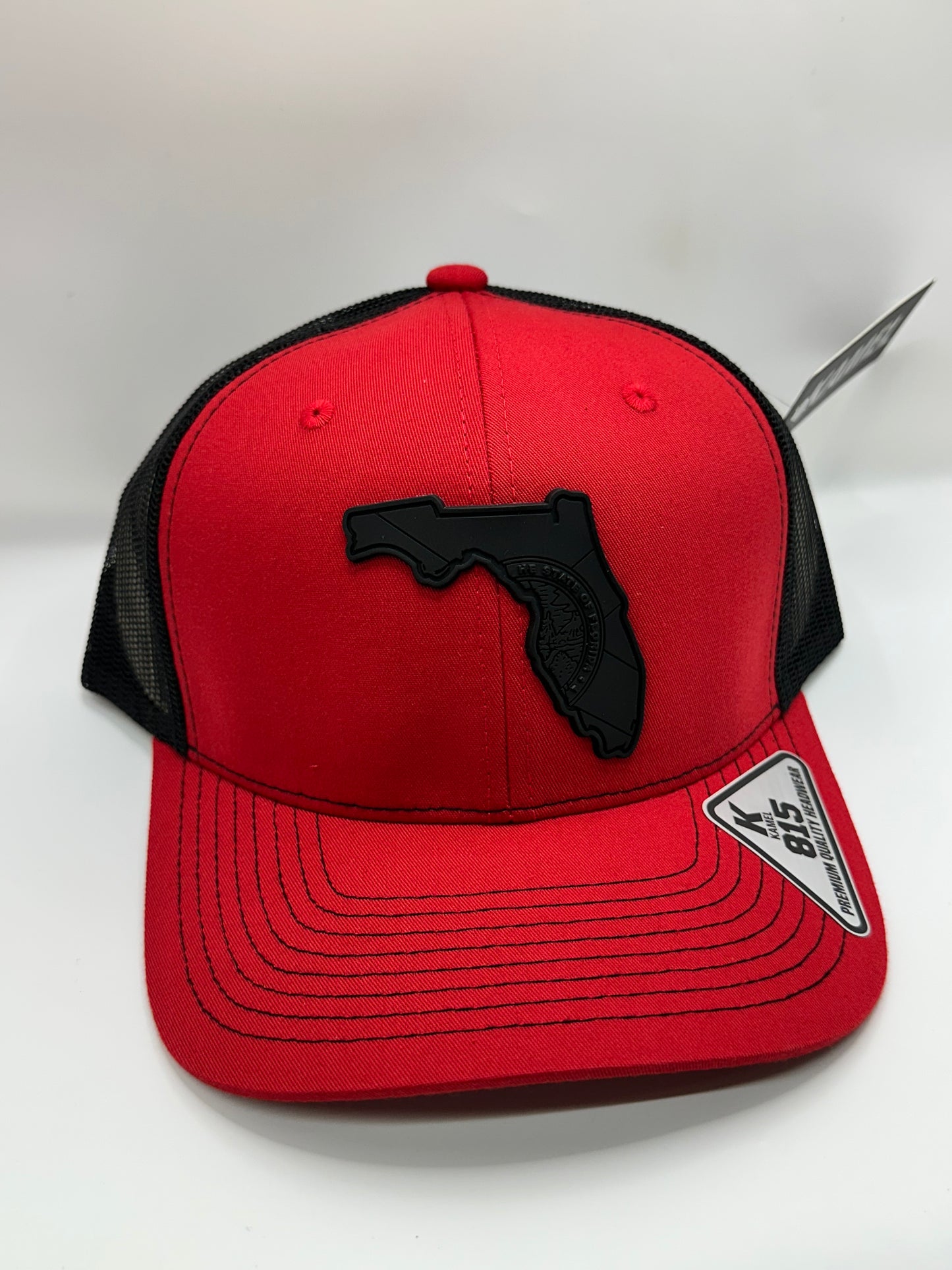 Florida State Flag Black PVC Patch Kamel 815 Snapback Mesh Trucker Cap Slight Curve Hat Structured Mesh Back Adjustable Baseball Hat
