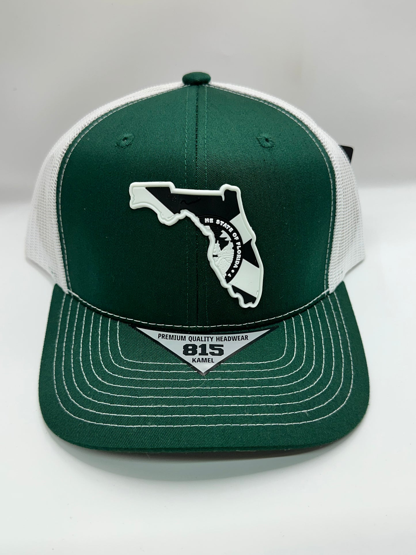 Florida State Flag Black and White PVC Patch Kamel 815 Snapback Mesh Trucker Cap Slight Curve Hat Structured Mesh Back Adjustable Baseball Cap