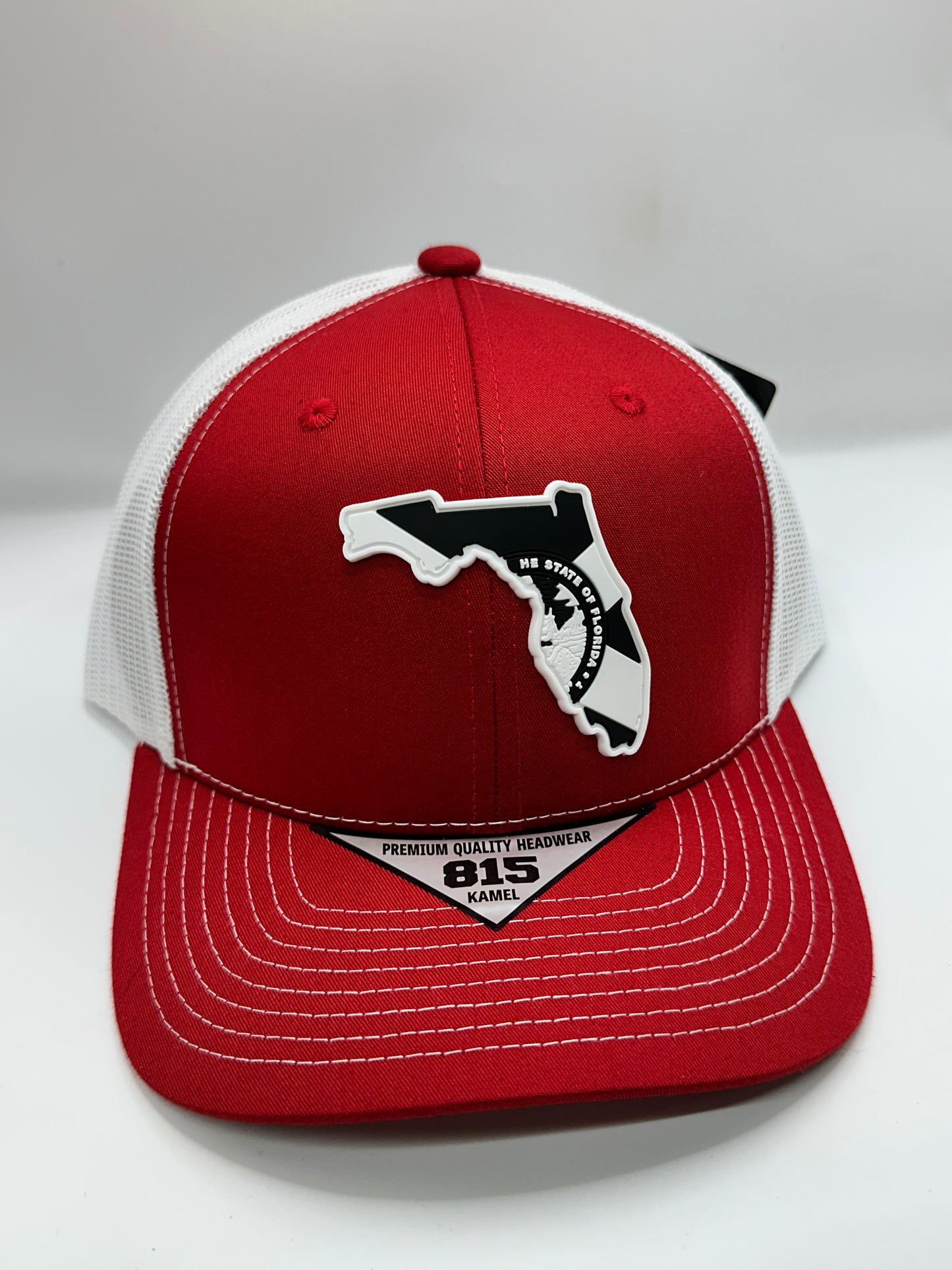 Florida State Flag Black and White PVC Patch Kamel 815 Snapback Mesh Trucker Cap Slight Curve Hat Structured Mesh Back Adjustable Baseball Cap