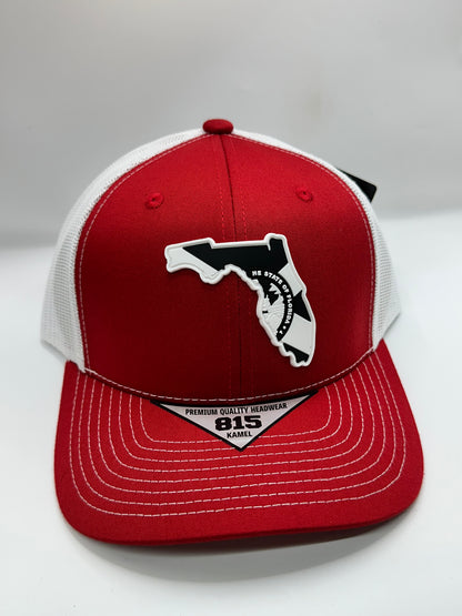 Florida State Flag Black and White PVC Patch Kamel 815 Snapback Mesh Trucker Cap Slight Curve Hat Structured Mesh Back Adjustable Baseball Cap