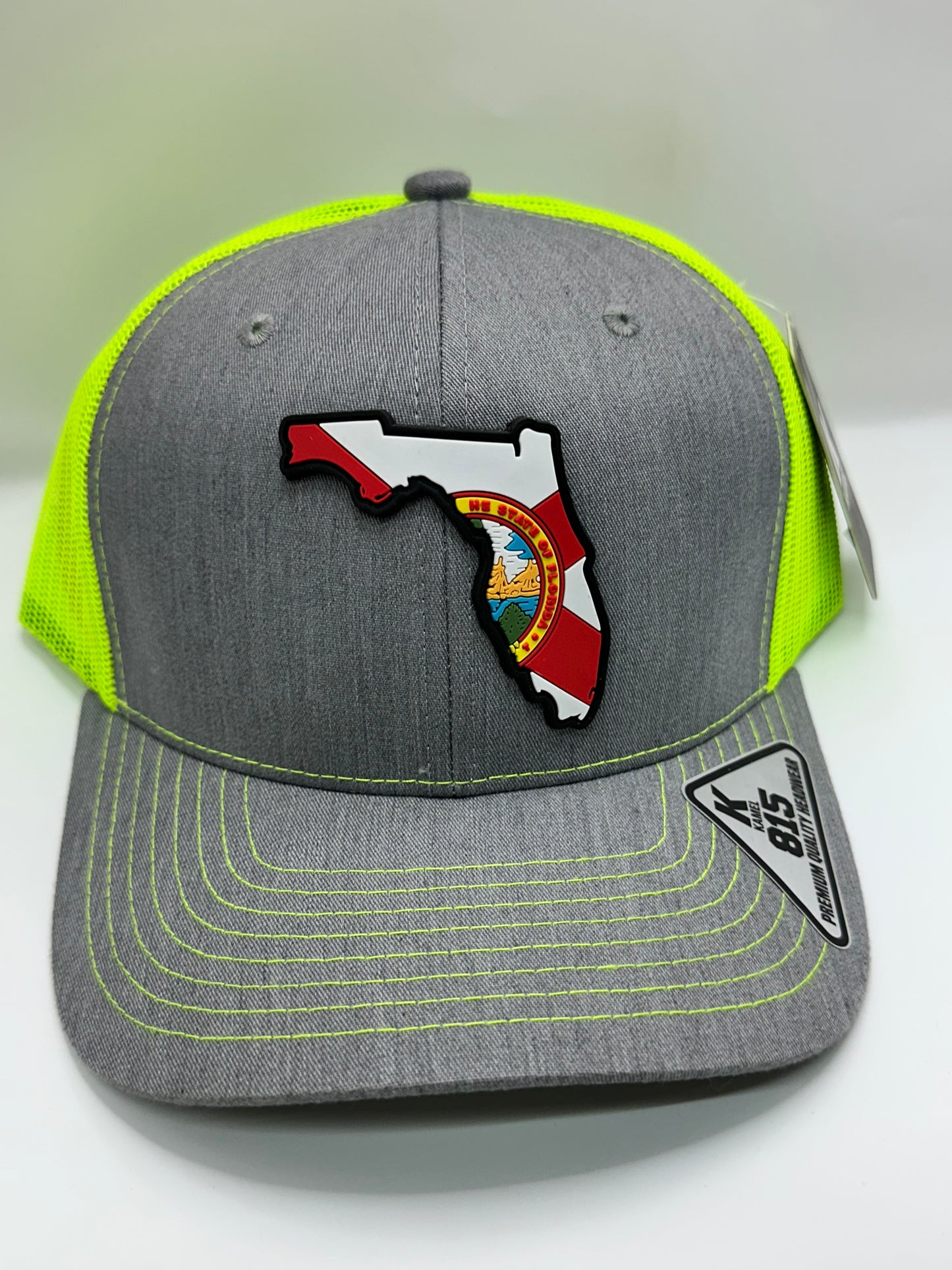Florida State Flag PVC Patch Kamel 815 Snapback Mesh Trucker Cap Slight Curve Hat Structured Mesh Back Adjustable Baseball Hat