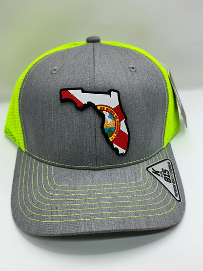 Florida State Flag PVC Patch Kamel 815 Snapback Mesh Trucker Cap Slight Curve Hat Structured Mesh Back Adjustable Baseball Hat