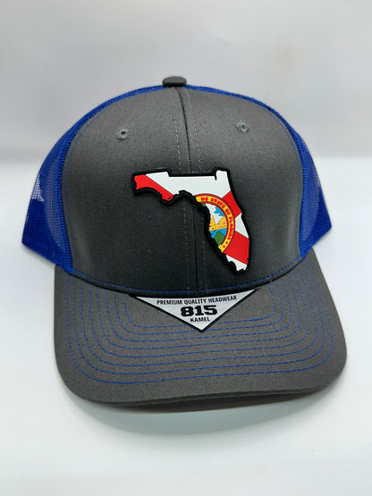 Florida State Flag PVC Patch Kamel 815 Snapback Mesh Trucker Cap Slight Curve Hat Structured Mesh Back Adjustable Baseball Hat