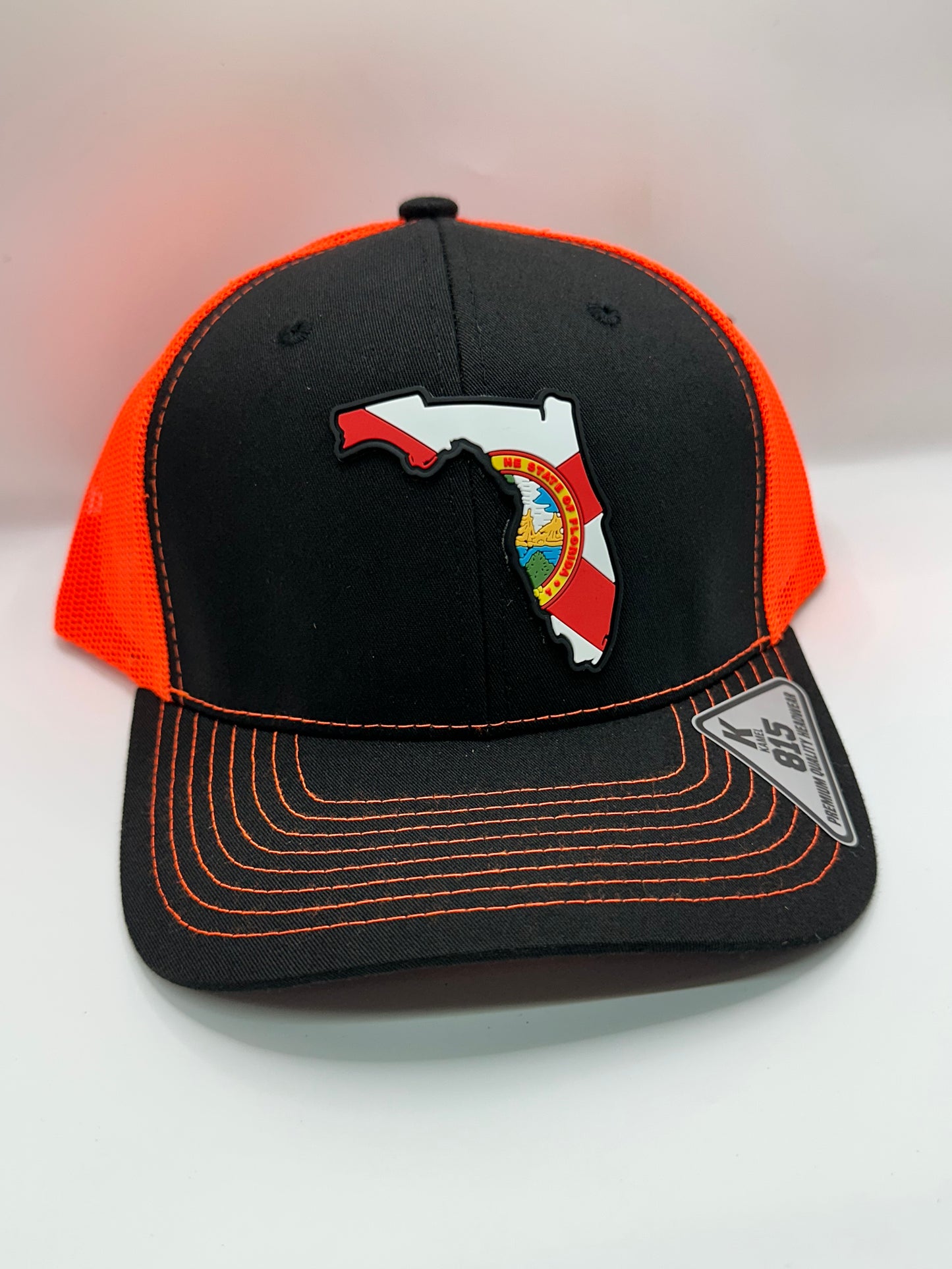 Florida State Flag PVC Patch Kamel 815 Snapback Mesh Trucker Cap Slight Curve Hat Structured Mesh Back Adjustable Baseball Hat