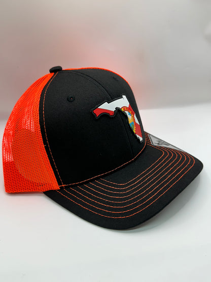 Florida State Flag PVC Patch Kamel 815 Snapback Mesh Trucker Cap Slight Curve Hat Structured Mesh Back Adjustable Baseball Hat