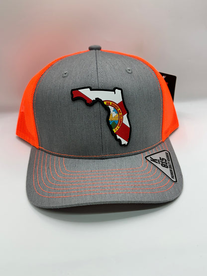 Florida State Flag PVC Patch Kamel 815 Snapback Mesh Trucker Cap Slight Curve Hat Structured Mesh Back Adjustable Baseball Hat
