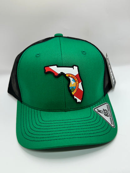 Florida State Flag PVC Patch Kamel 815 Snapback Mesh Trucker Cap Slight Curve Hat Structured Mesh Back Adjustable Baseball Hat