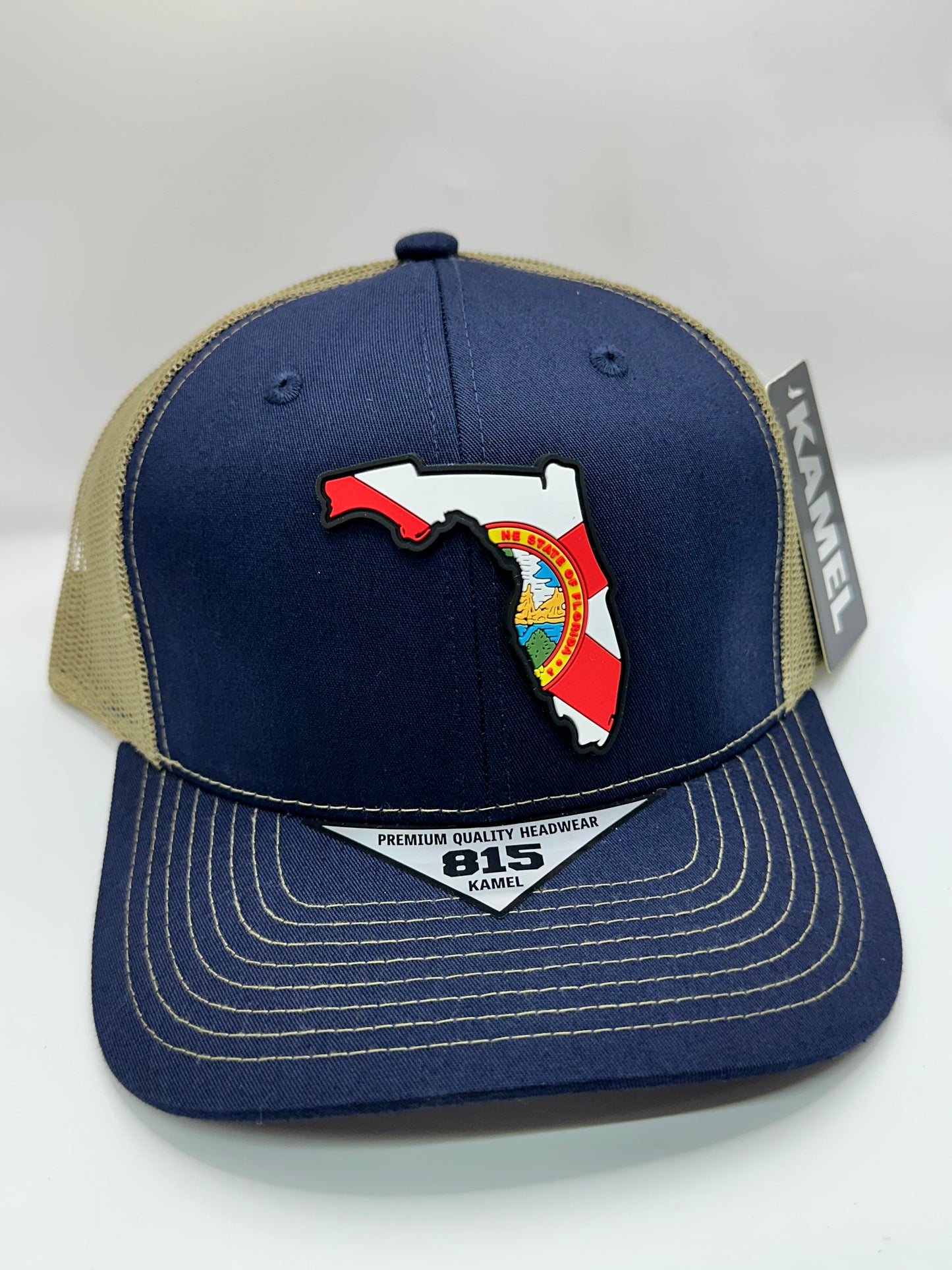 Florida State Flag PVC Patch Kamel 815 Snapback Mesh Trucker Cap Slight Curve Hat Structured Mesh Back Adjustable Baseball Hat
