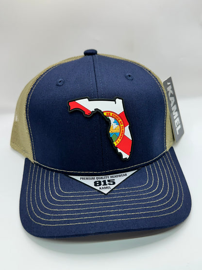 Florida State Flag PVC Patch Kamel 815 Snapback Mesh Trucker Cap Slight Curve Hat Structured Mesh Back Adjustable Baseball Hat