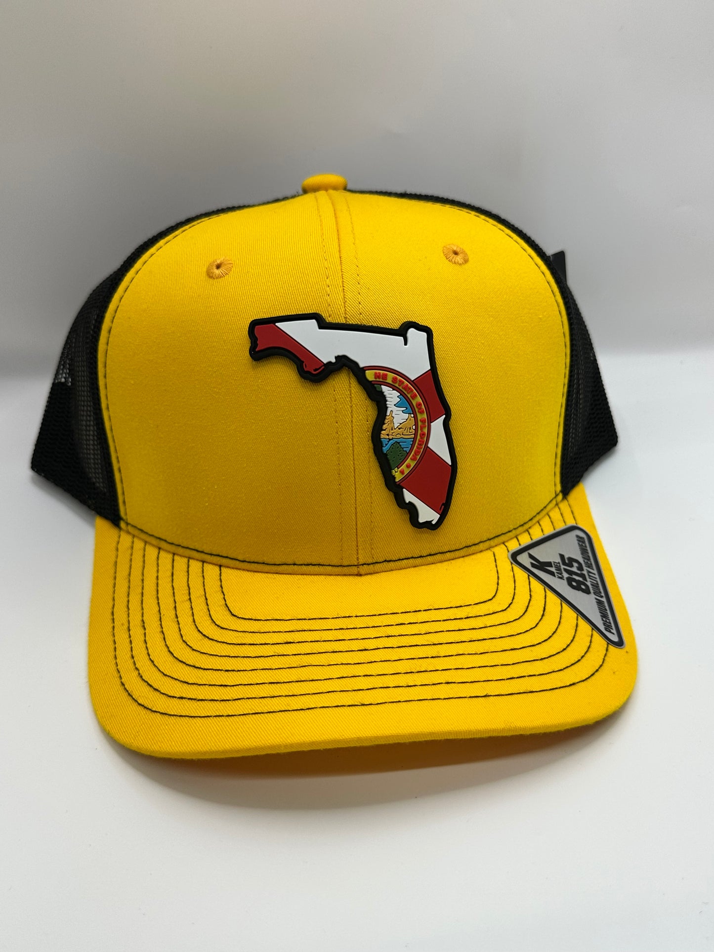 Florida State Flag PVC Patch Kamel 815 Snapback Mesh Trucker Cap Slight Curve Hat Structured Mesh Back Adjustable Baseball Hat