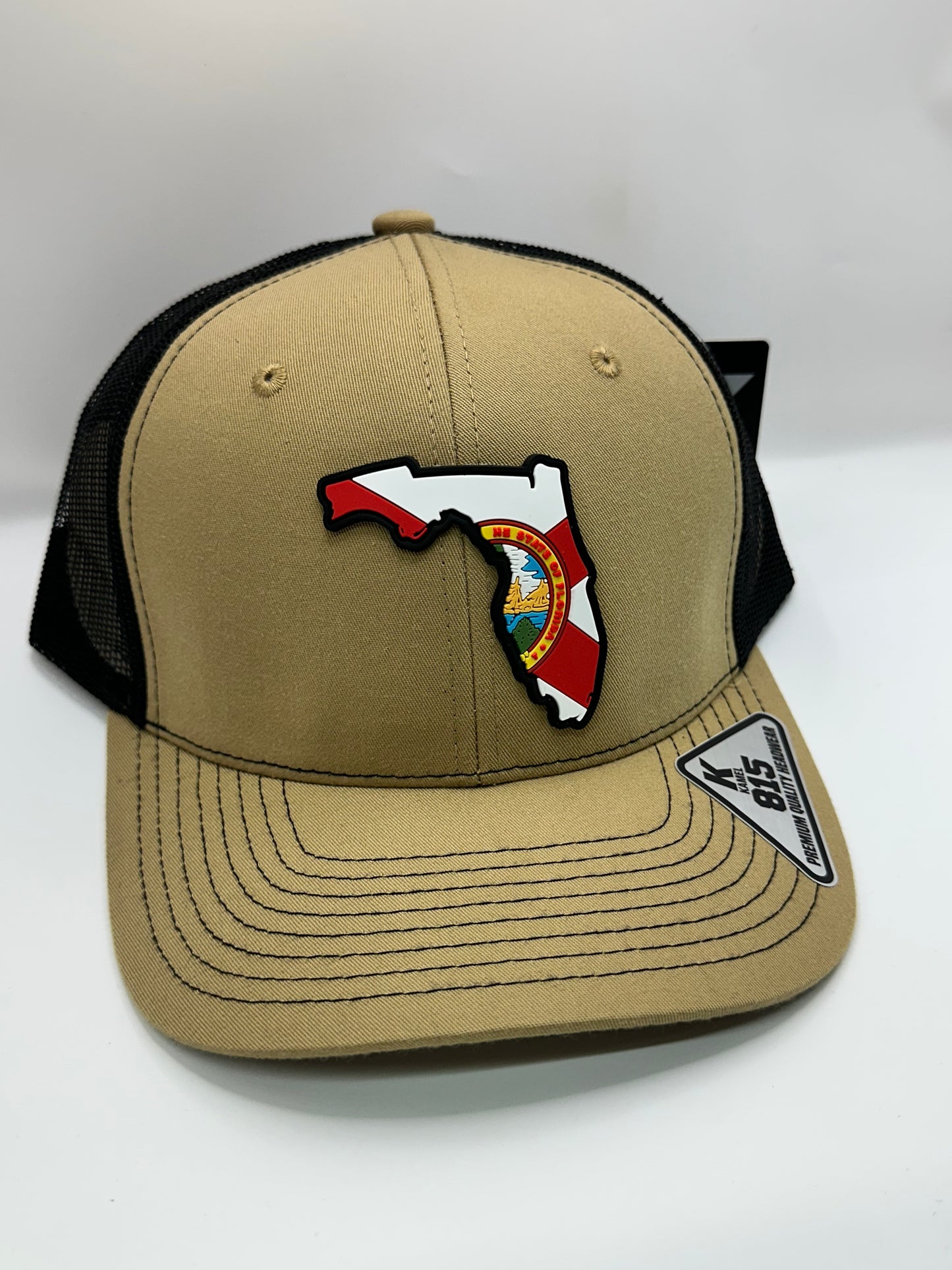 Florida State Flag PVC Patch Kamel 815 Snapback Mesh Trucker Cap Slight Curve Hat Structured Mesh Back Adjustable Baseball Hat